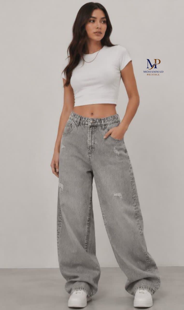 شلوار زنانه جین بگ طوسی
